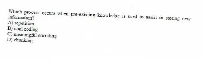Which process occurs when pre-existing knowledge is used to assist in storing new information?
A) repetition
B) dual coding
C) meaningful encoding
D) chunking