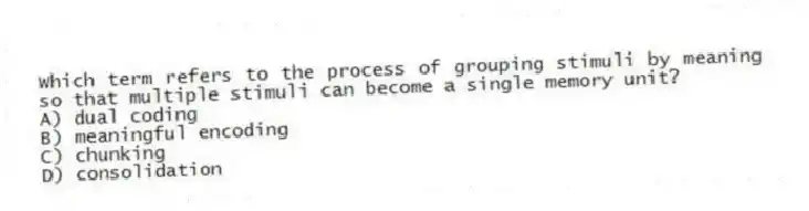 Which term refers to the process of grouping stimuli by meaning so that multiple stimuli can become a single memory unit?
A) dual coding
B) meaningful encoding
C) chunking
D) consolidation