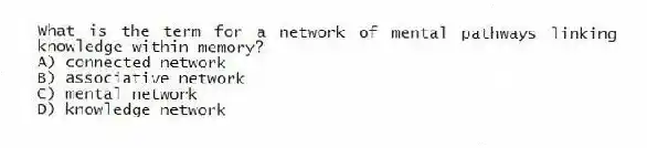 What is the term for a network of mental pathways linking knowledge within memory?
A) connected network
B) associative network
C) mental network
D) knowledge network
