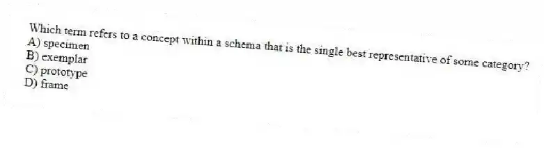 Which term refers to a concept within a schema that is the single best representative of some category?
A) specimen
B) exemplar
C) prototype
D) frame