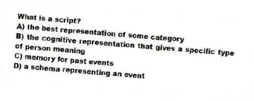 What is a script?
A) the best representation of some category
B) the cognitive representation that gives a specific type of person meaning
C) memory for past events
D) a schema representing an event