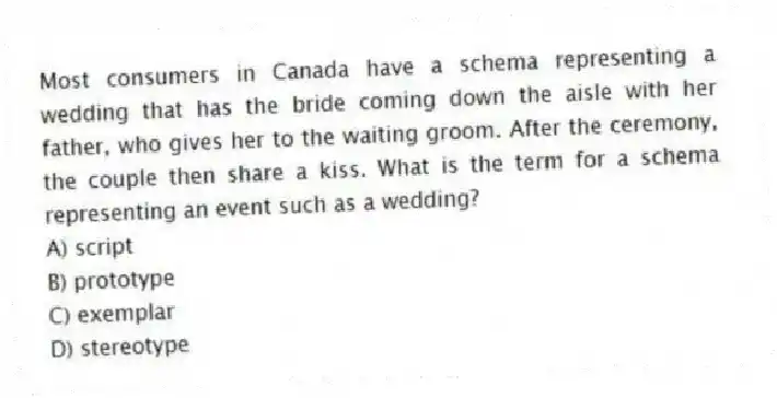 Most consumers in Canada have a schema representing a wedding that has the bride coming down the aisle with her father, who gives her to the waiting groom. After the ceremony, the couple then share a kiss. What is the term for a schema representing an event such as a wedding?
A) script
B) prototype
C) exemplar
D) stereotype