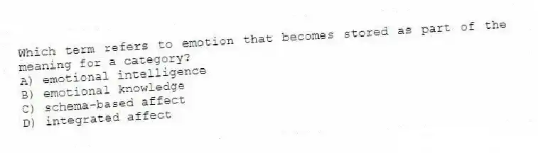 Which term refers to emotion that becomes stored as part of the meaning for a category?
A) emotional intelligence
B) emotional knowledge
C) schema-based affect
D) integrated affect