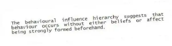 The behavioural influence hierarchy suggests that behaviour occurs without either beliefs or affect being strongly formed beforehand.