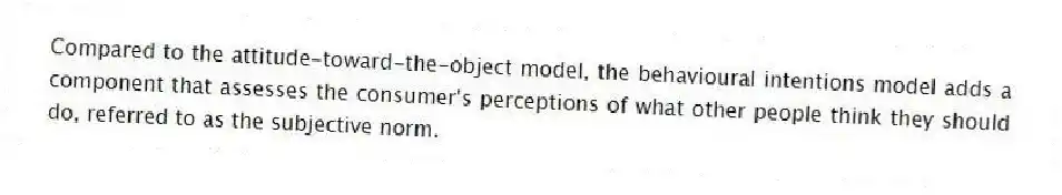 Compared to the attitude-toward-the-object model, the behavioural intentions model adds a component that assesses the consumer's perceptions of what other people think they should do, referred to as the subjective norm.