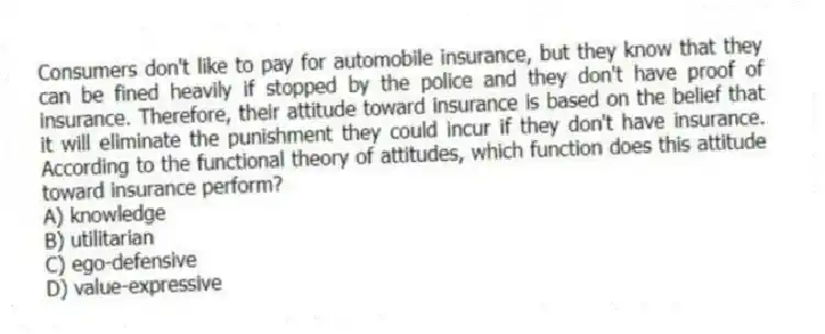 Consumers don't like to pay for automobile insurance, but they know that they can be fined heavily if stopped by the police and they don't have proof of insurance. Therefore, their attitude toward insurance is based on the belief that it will eliminate the punishment they could incur if they don't have insurance. According to the functional theory of attitudes, which function does this attitude toward insurance perform?
A) knowledge
B) utilitarian
C) ego-defensive
D) value-expressive