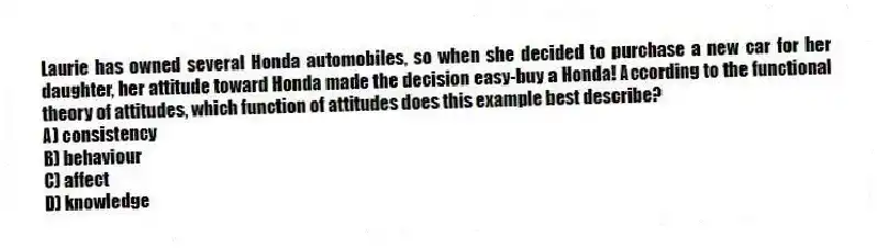 Laurie has owned several Honda automobiles, so when she decided to purchase a new car for her daughter, her attitude toward Honda made the decision easy-buy a Honda! According to the functional theory of attitudes, which function of attitudes does this example best describe?
A) consistency
B) behaviour
C) affect
D) knowledge