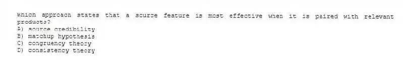 Which approach states that a source feature is most effective when it is paired with relevant products?
A) source credibility
B) matchup hypothesis
C) congruency theory
D) consistency theory