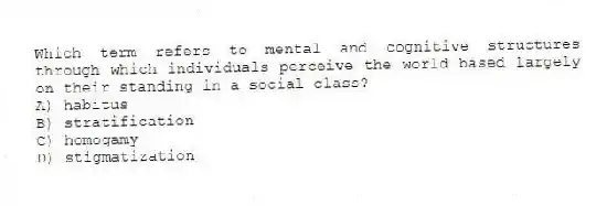 Which term refers to mental and cognitive structures through which individuals perceive the world based largely on their standing in a social class?
A) habitus
B) stratification
C) homogamy
D) stigmatization
