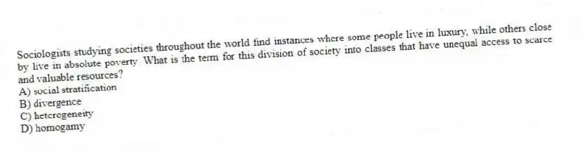Sociologists studying societies throughout the world find instances where some people live in luxury, while others close by live in absolute poverty. What is the term for this division of society into classes that have unequal access to scarce and valuable resources?
A) social stratification
B) divergence
C) heterogeneity
D) homogamy