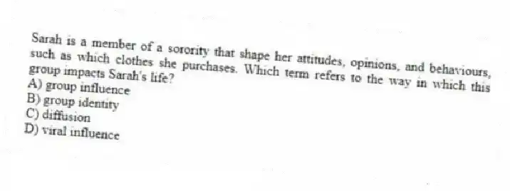 Sarah is a member of a sorority that shape her attitudes, opinions, and behaviours, such as which clothes she purchases. Which term refers to the way in which this group impacts Sarah's life?
A) group influence
B) group identity
C) diffusion
D) viral influence