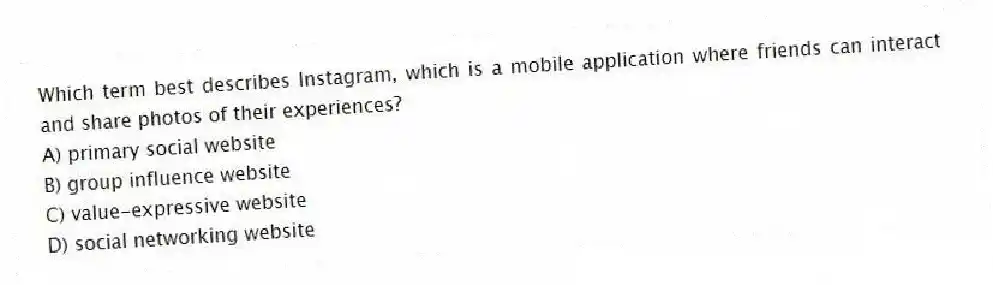 Which term best describes Instagram, which is a mobile application where friends can interact and share photos of their experiences?
A) primary social website
B) group influence website
C) value-expressive website
D) social networking website