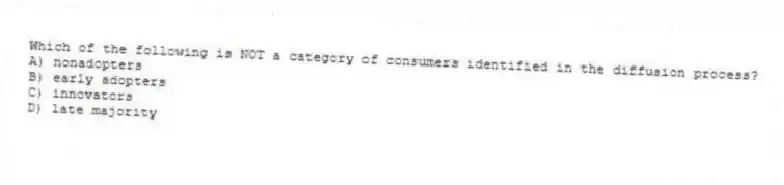 Which of the following is NOT a category of consumers identified in the diffusion process?
A) nonadopters
B) early adopters
C) innovators
D) late majority