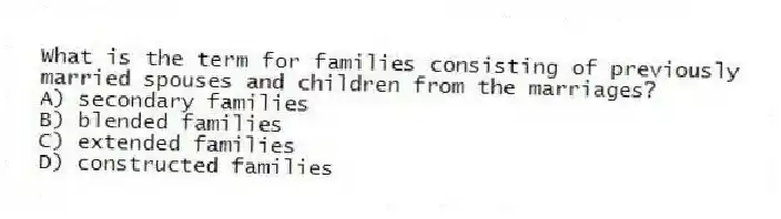 What is the term for families consisting of previously married spouses and children from the marriages?
A) secondary families
B) blended families
C) extended families
D) constructed families