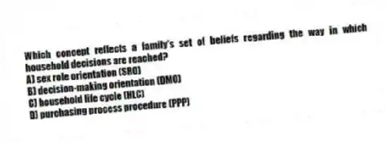 Which concept reflects a family's set of beliefs regarding the way in which household decisions are reached?
A) sex role orientation (SRO)
B) decision-making orientation (DMO)
C) household life cycle (HLC)
D) purchasing process procedure (PPP)