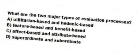 What are the two major types of evaluation processes?
A) utilitarian-based and hedonic-based
B) feature-based and benefit-based
C) affect-based and attribute-based
D) superordinate and subordinate