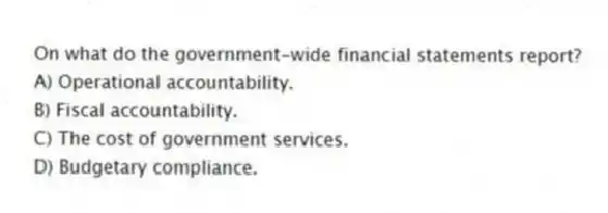 On what do the government-wide financial statements report?
A) Operational accountability.
B) Fiscal accountability.
C) The cost of government services.
D) Budgetary compliance.