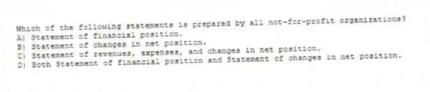 Which of the following statements is prepared by all not-for-profit organizations?
A) Statement of financial position.
B) Statement of changes in net position.
C) Statement of revenues, expenses, and changes in net position.
D) Both Statement of financial position and Statement of changes in net position.