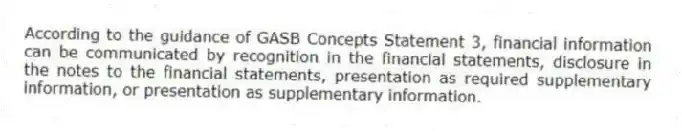 According to the guidance of GASB Concepts Statement 3, financial information can be communicated by recognition in the financial statements, disclosure in the notes to the financial statements, presentation as required supplementary information, or presentation as supplementary information.