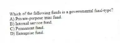 Which of the following funds is a governmental fund-type?
A) Private-purpose trust fund.
B) Internal service fund.
C) Permanent fund.
D) Enterprise fund.