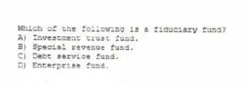 Which of the following is a fiduciary fund?
A) Investment trust fund.
B) Special revenue fund.
C) Debt service fund.
D) Enterprise fund.