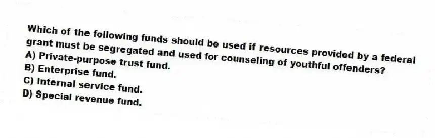 Which of the following funds should be used if resources provided by a federal grant must be segregated and used for counseling of youthful offenders?
A) Private-purpose trust fund.
B) Enterprise fund.
C) Internal service fund.
D) Special revenue fund.