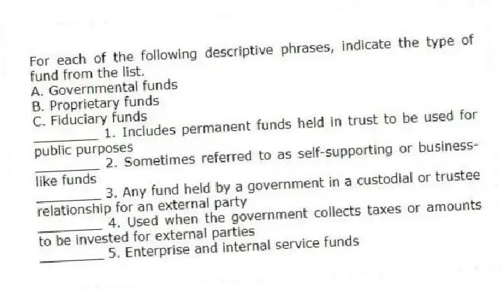 For each of the following descriptive phrases, indicate the type of fund from the list.
A. Governmental funds
B. Proprietary funds
C. Fiduciary funds
________ 1. Includes permanent funds held in trust to be used for public purposes
________ 2. Sometimes referred to as self-supporting or business-like funds
________ 3. Any fund held by a government in a custodial or trustee relationship for an external party
________ 4. Used when the government collects taxes or amounts to be invested for external parties
________ 5. Enterprise and internal service funds