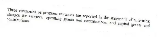 Three categories of program revenues are reported in the statement of activities: charges for services, operating grants and contributions, and capital grants and contributions.