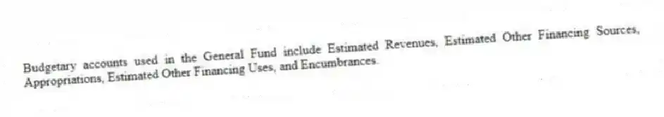 Budgetary accounts used in the General Fund include Estimated Revenues, Estimated Other Financing Sources, Appropriations, Estimated Other Financing Uses, and Encumbrances.