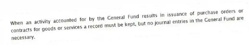 When an activity accounted for by the General Fund results in issuance of purchase orders or contracts for goods or services a record must be kept, but no journal entries in the General Fund are necessary.