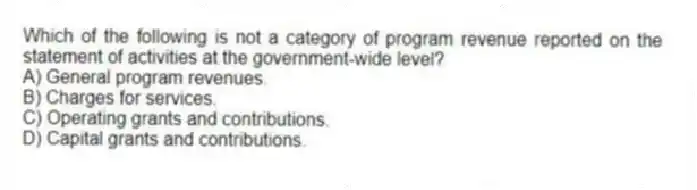 Which of the following is not a category of program revenue reported on the statement of activities at the government-wide level?
A) General program revenues.
B) Charges for services.
C) Operating grants and contributions.
D) Capital grants and contributions.