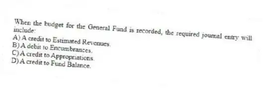When the budget for the General Fund is recorded, the required journal entry will include:
A) A credit to Estimated Revenues.
B) A debit to Encumbrances.
C) A credit to Appropriations.
D) A credit to Fund Balance.