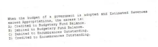 When the budget of a government is adopted and Estimated Revenues exceed Appropriations, the excess is:
A) Credited to Budgetary Fund Balance.
B) Debited to Budgetary Fund Balance.
C) Debited to Encumbrances Outstanding.
D) Credited to Encumbrances Outstanding.
