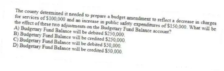 The county determined it needed to prepare a budget amendment to reflect a decrease in charges for services of $100,000 and an increase in public safety expenditures of $150,000. What will be the effect of these two adjustments on the Budgetary Fund Balance account?
A) Budgetary Fund Balance will be debited $250,000.
B) Budgetary Fund Balance will be credited $250,000.
C) Budgetary Fund Balance will be debited $50,000.
D) Budgetary Fund Balance will be credited $50,000.