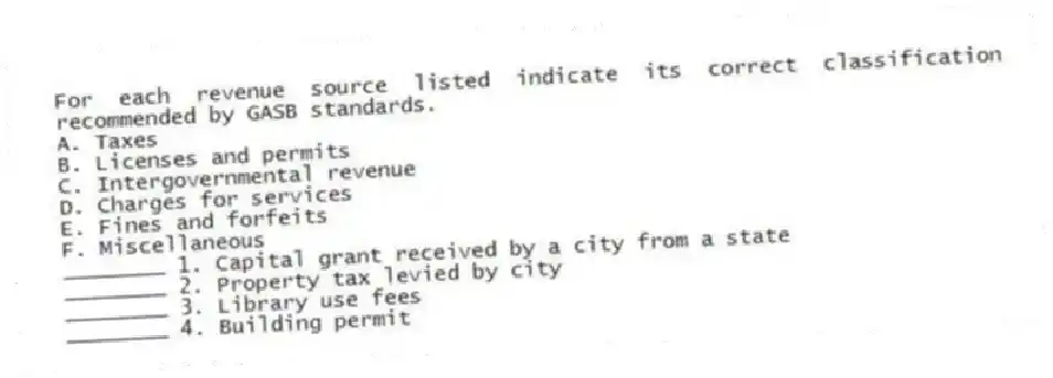 For each revenue source listed indicate its correct classification recommended by GASB standards.
A. Taxes
B. Licenses and permits
C. Intergovernmental revenue
D. Charges for services
E. Fines and forfeits
F. Miscellaneous
________ 1. Capital grant received by a city from a state
________ 2. Property tax levied by city
________ 3. Library use fees
________ 4. Building permit