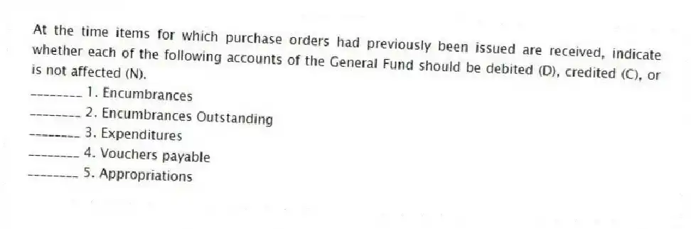 At the time items for which purchase orders had previously been issued are received, indicate whether each of the following accounts of the General Fund should be debited (D), credited (C), or is not affected (N).
________ 1. Encumbrances
________ 2. Encumbrances Outstanding
________ 3. Expenditures
________ 4. Vouchers payable
________ 5. Appropriations