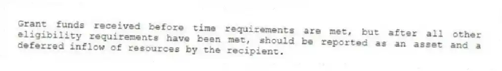 Grant funds received before time requirements are met, but after all other eligibility requirements have been met, should be reported as an asset and a deferred inflow of resources by the recipient.