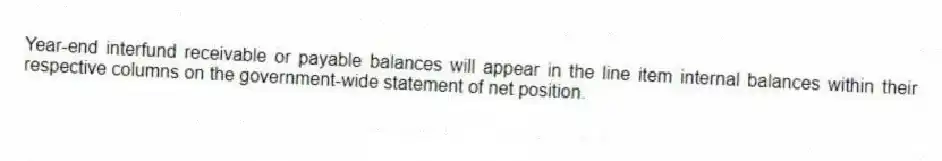 Year-end interfund receivable or payable balances will appear in the line item internal balances within their respective columns on the government-wide statement of net position.