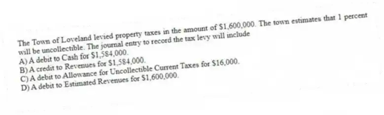 The Town of Loveland levied property taxes in the amount of $1,600,000. The town estimates that 1 percent will be uncollectible. The journal entry to record the tax levy will include
A) A debit to Cash for $1,584,000.
B) A credit to Revenues for $1,584,000.
C) A debit to Allowance for Uncollectible Current Taxes for $16,000.
D) A debit to Estimated Revenues for $1,600,000.