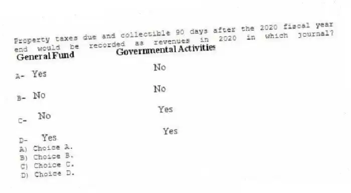 Property taxes due and collectible 90 days after the 2020 fiscal year end would be recorded as revenues in 2020 in which journal?
A-
B-
C-
D-
A) Choice A.
B) Choice B.
C) Choice C.
D) Choice D.