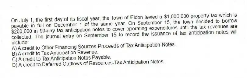 On July 1, the first day of its fiscal year, the Town of Eldon levied a $1,000,000 property tax which is payable in full on December 1 of the same year. On September 15, the town decided to borrow $200,000 in 90-day tax anticipation notes to cover operating expenditures until the tax revenues are collected. The journal entry on September 15 to record the issuance of tax anticipation notes will include:
A) A credit to Other Financing Sources-Proceeds of Tax Anticipation Notes.
B) A credit to Tax Anticipation Revenue.
C) A credit to Tax Anticipation Notes Payable.
D) A credit to Deferred Outflows of Resources-Tax Anticipation Notes.