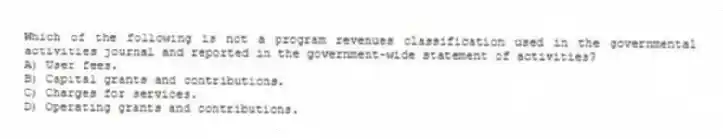 Which of the following is not a program revenues classification used in the governmental activities journal and reported in the government-wide statement of activities?
A) User fees.
B) Capital grants and contributions.
C) Charges for services.
D) Operating grants and contributions.