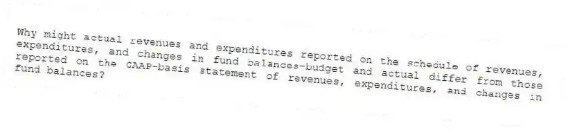 Why might actual revenues and expenditures reported on the schedule of revenues, expenditures, and changes in fund balances-budget and actual differ from those reported on the GAAP-basis statement of revenues, expenditures, and changes in fund balances?