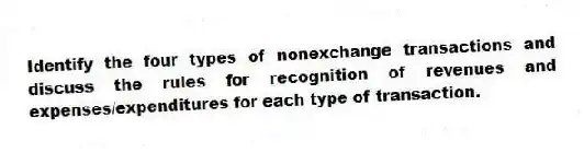 Identify the four types of nonexchange transactions and discuss the rules for recognition of revenues and expenses/expenditures for each type of transaction.