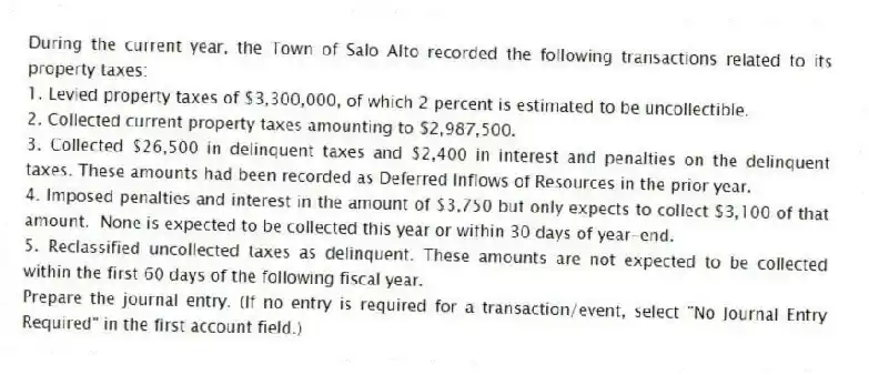 During the current year, the Town of Salo Alto recorded the following transactions related to its property taxes:
1. Levied property taxes of $3,300,000, of which 2 percent is estimated to be uncollectible.
2. Collected current property taxes amounting to $2,987,500.
3. Collected $26,500 in delinquent taxes and $2,400 in interest and penalties on the delinquent taxes. These amounts had been recorded as Deferred Inflows of Resources in the prior year.
4. Imposed penalties and interest in the amount of $3,750 but only expects to collect $3,100 of that amount. None is expected to be collected this year or within 30 days of year-end.
5. Reclassified uncollected taxes as delinquent. These amounts are not expected to be collected within the first 60 days of the following fiscal year.
Prepare the journal entry. (If no entry is required for a transaction/event, select "No Journal Entry Required" in the first account field.)