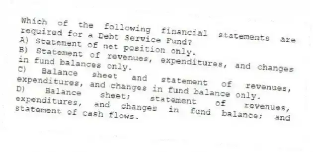 Which of the following financial statements are required for a Debt Service Fund?
A) Statement of net position only.
B) Statement of revenues, expenditures, and changes in fund balances only.
C) Balance sheet and statement of revenues, expenditures, and changes in fund balance only.
D) Balance sheet; statement of revenues, expenditures, and changes in fund balance; and statement of cash flows.