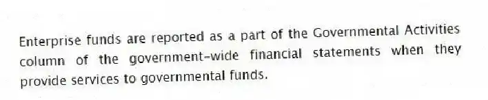 Enterprise funds are reported as a part of the Governmental Activities column of the government-wide financial statements when they provide services to governmental funds.