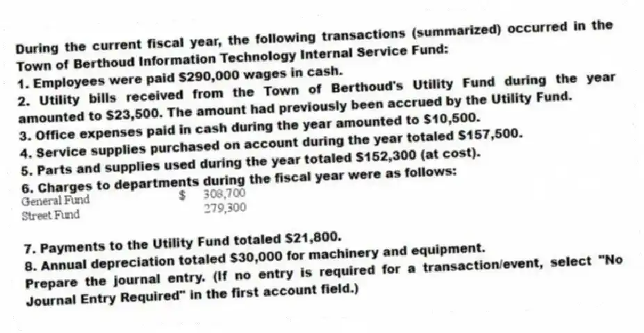 During the current fiscal year, the following transactions (summarized) occurred in the Town of Berthoud Information Technology Internal Service Fund:
1. Employees were paid $290,000 wages in cash.
2. Utility bills received from the Town of Berthoud's Utility Fund during the year amounted to $23,500. The amount had previously been accrued by the Utility Fund.
3. Office expenses paid in cash during the year amounted to $10,500.
4. Service supplies purchased on account during the year totaled $157,500.
5. Parts and supplies used during the year totaled $152,300 (at cost).
6. Charges to departments during the fiscal year were as follows:
7. Payments to the Utility Fund totaled $21,800.
8. Annual depreciation totaled $30,000 for machinery and equipment.
Prepare the journal entry. (If no entry is required for a transaction/event, select "No Journal Entry Required" in the first account field.)