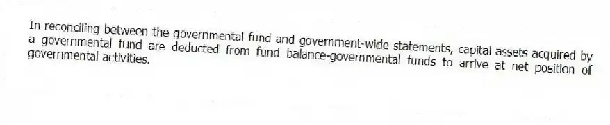 In reconciling between the governmental fund and government-wide statements, capital assets acquired by a governmental fund are deducted from fund balance-governmental funds to arrive at net position of governmental activities.