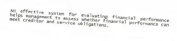 An effective system for evaluating financial performance helps management to assess whether financial performance can meet creditor and service obligations.